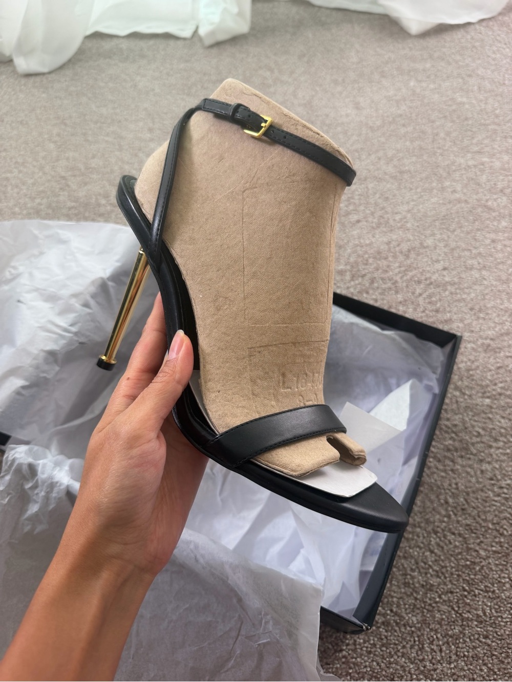 Nine West Black Strappy Stiletto Sandals with Gold Heel